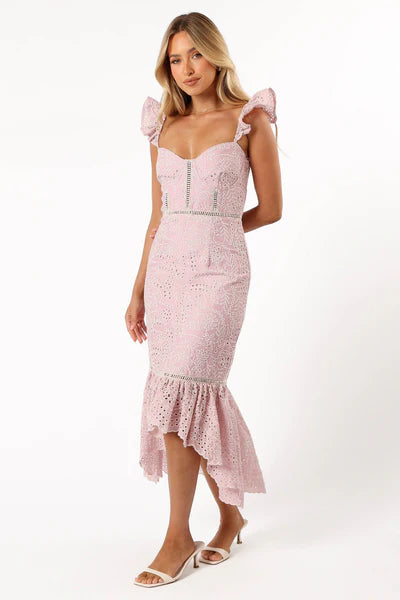 Novella Midi Dress – Pink Lace Sweetheart Midi Dress