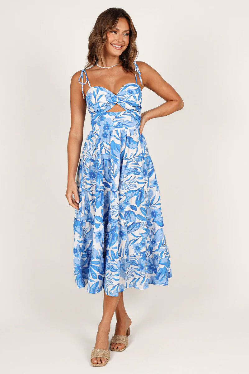 Rose Midi Dress – Blue & White Floral Cut-Out Midi Dress