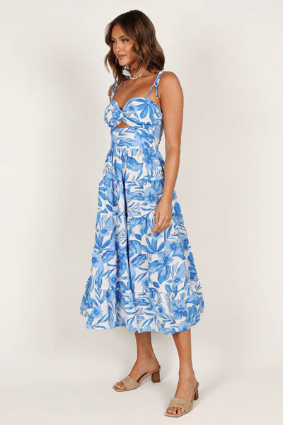 Rose Midi Dress – Blue & White Floral Cut-Out Midi Dress