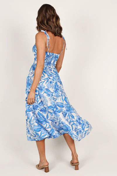 Rose Midi Dress – Blue & White Floral Cut-Out Midi Dress