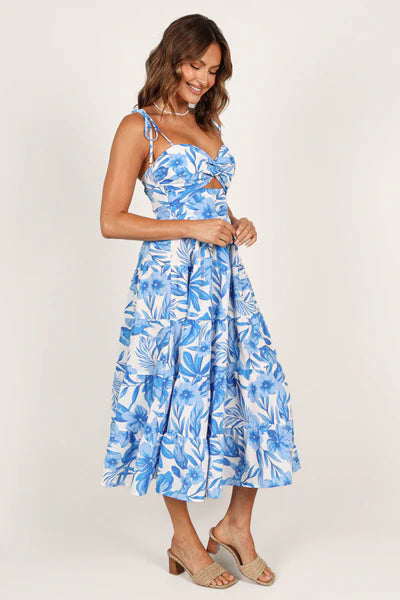 Rose Midi Dress – Blue & White Floral Cut-Out Midi Dress