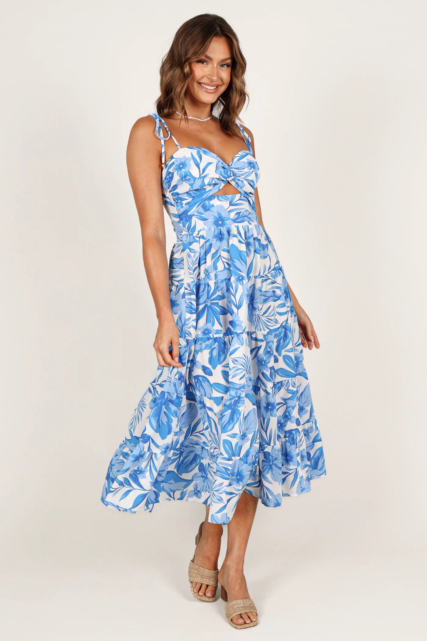 Rose Midi Dress – Blue & White Floral Cut-Out Midi Dress
