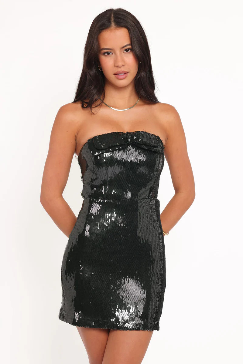 Sadie Strapless Bow Mini Dress – Green Sequin Bodycon Mini Dress