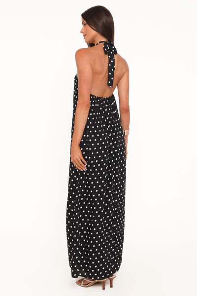 Theophania Maxi Dress – Black Polka Dot Halter Neck Maxi Dress