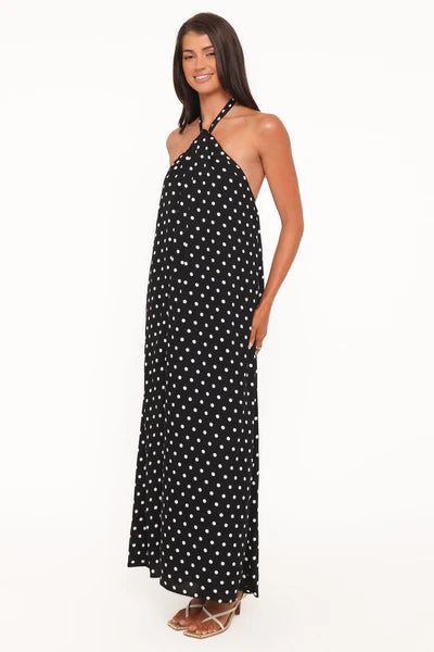 Theophania Maxi Dress – Black Polka Dot Halter Neck Maxi Dress