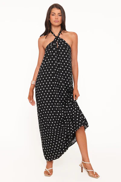 Theophania Maxi Dress – Black Polka Dot Halter Neck Maxi Dress