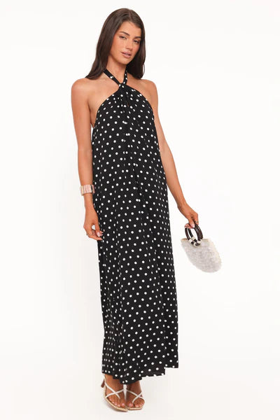 Theophania Maxi Dress – Black Polka Dot Halter Neck Maxi Dress