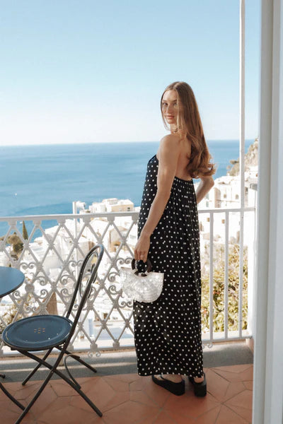Theophania Maxi Dress – Black Polka Dot Halter Neck Maxi Dress