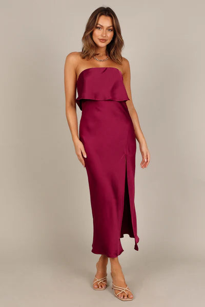 Vienna Strapless Midi Dress – Berry Satin Strapless Midi Dress
