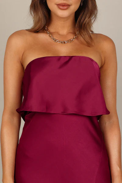Vienna Strapless Midi Dress – Berry Satin Strapless Midi Dress