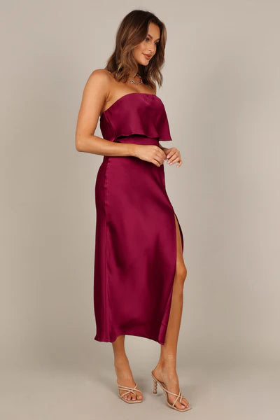 Vienna Strapless Midi Dress – Berry Satin Strapless Midi Dress