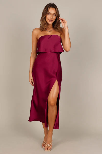 Vienna Strapless Midi Dress – Berry Satin Strapless Midi Dress