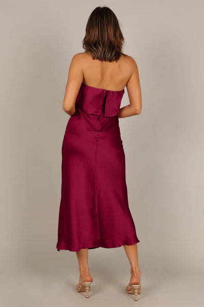 Vienna Strapless Midi Dress – Berry Satin Strapless Midi Dress