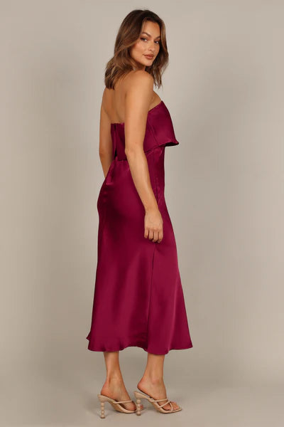 Vienna Strapless Midi Dress – Berry Satin Strapless Midi Dress