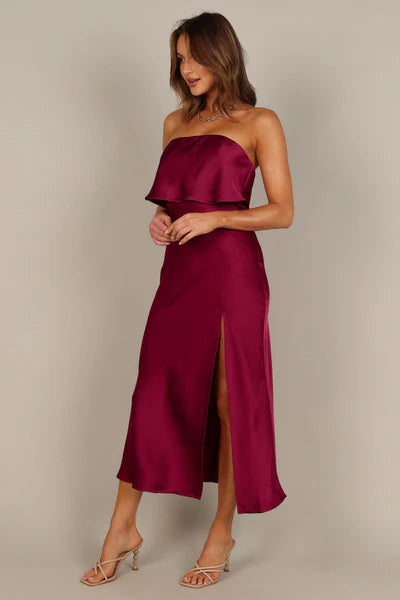 Vienna Strapless Midi Dress – Berry Satin Strapless Midi Dress