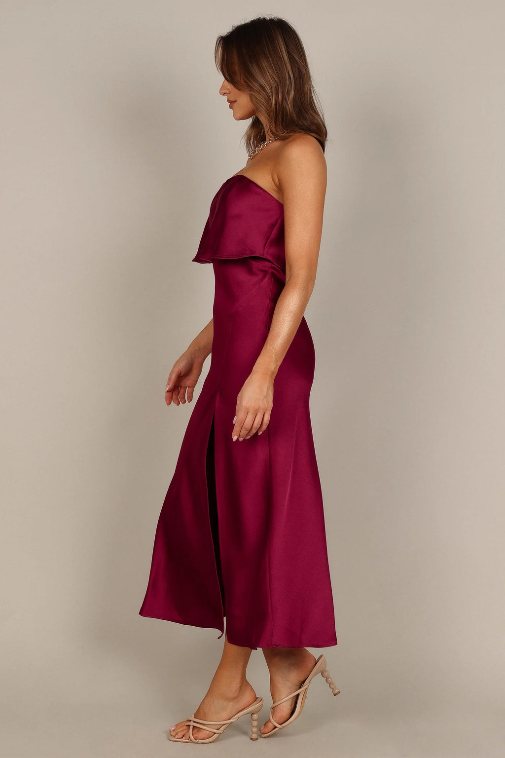Vienna Strapless Midi Dress – Berry Satin Strapless Midi Dress