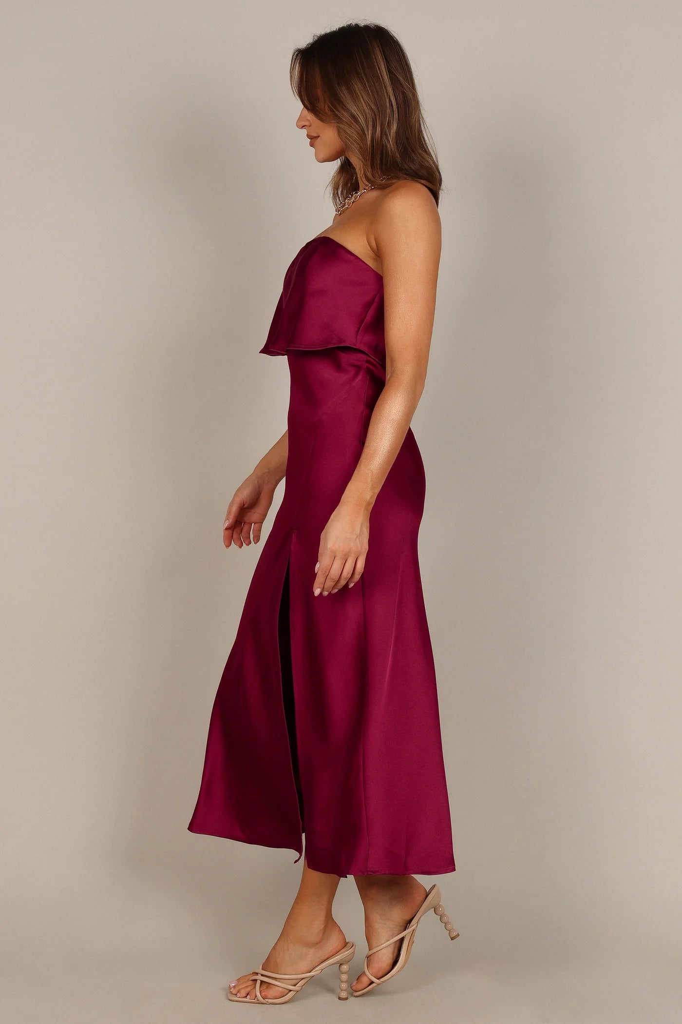 Vienna Strapless Midi Dress – Berry Satin Strapless Midi Dress