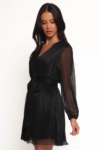 Zhara Long Sleeve Mini Dress – Black Pleated V-Neck Mini Dress