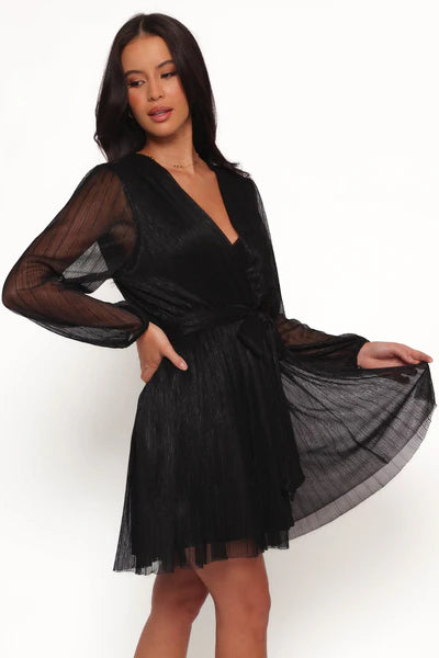 Zhara Long Sleeve Mini Dress – Black Pleated V-Neck Mini Dress
