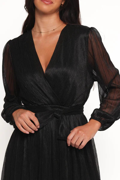 Zhara Long Sleeve Mini Dress – Black Pleated V-Neck Mini Dress