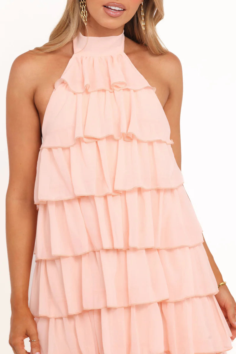 Zoella Maxi Dress – Pink Halter Neck Ruffle Maxi Dress