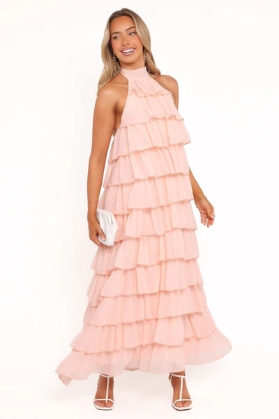 Zoella Maxi Dress – Pink Halter Neck Ruffle Maxi Dress