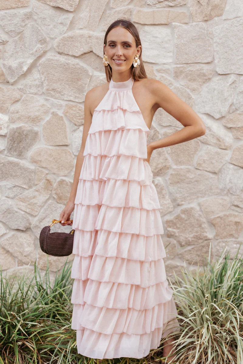 Zoella Maxi Dress – Pink Halter Neck Ruffle Maxi Dress