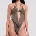 Khaki & Leopard Mesh Bodysuit With Detachable Body Chain
